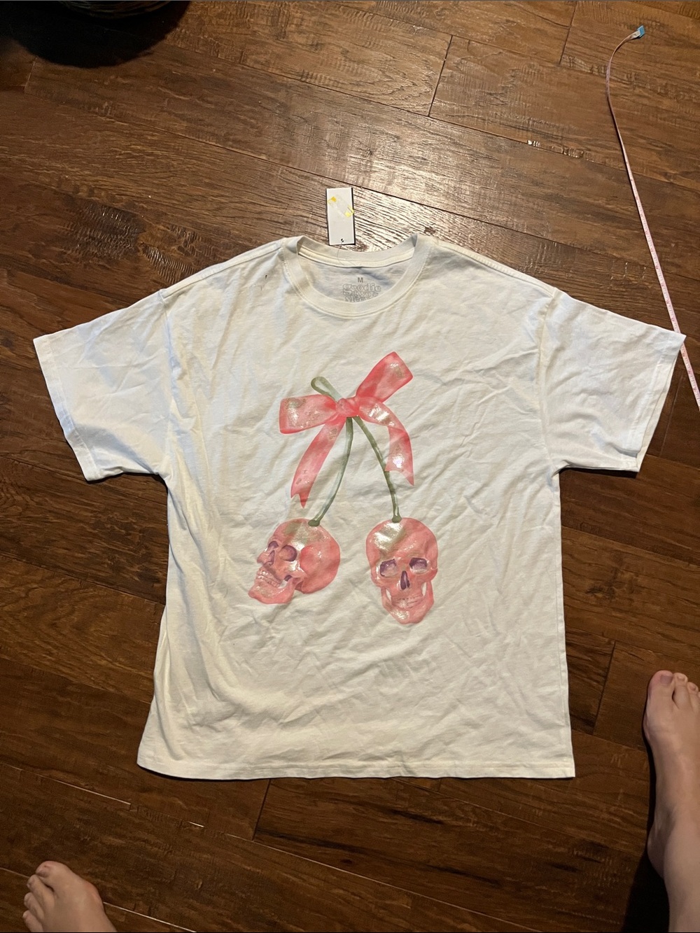 White Short-Sleeve Tee with Pink Skull-Cherry Graphic